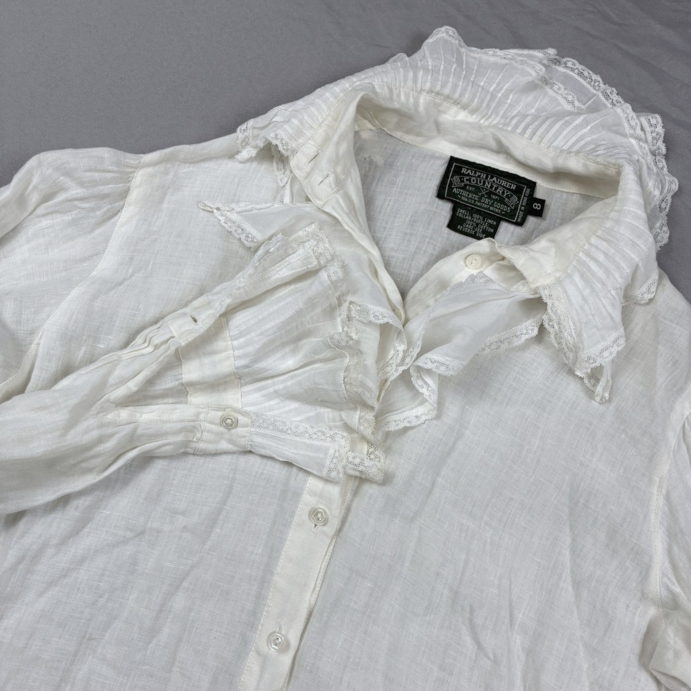 Ralph Lauren Country Linen Blouse 8 Ivory Linen Ruffle Victorian Prairie VTG